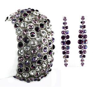 Crystal Bracelet Earrings Set Purple Clear Silver Statement Wedding Prom